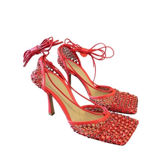 Bottega Veneta Mesh Crystal Embellished Sparkle Ankle Tie Heels NEW EU 38 US 8 - Picture 4 of 15